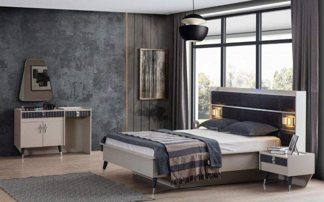 Schlofzëmmer Garnitur Luxus Bett Designer Schminktisch Konsole 5tlg Set