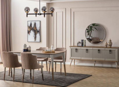 Beige Iesszëmmer Set Rektangulären Holz Dësch 6x Polsterstill 7tlg
