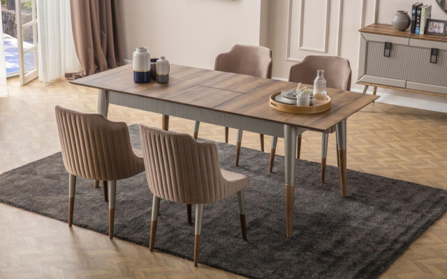 Beige Iesszëmmer Set Rektangulären Holz Dësch 6x Polsterstill 7tlg