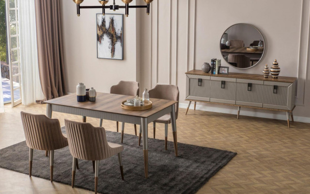 Beige Iesszëmmer Set Rektangulären Holz Dësch 6x Polsterstill 7tlg