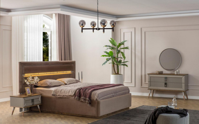 Beige Schlofzëmmer Luxus Miwwelen Designer Duebelbett 2x Nuetsdëscher 5 Deeler.