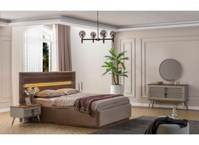 Beige Schlofzëmmer Luxus Miwwelen Designer Duebelbett 2x Nuetsdëscher 5 Deeler.