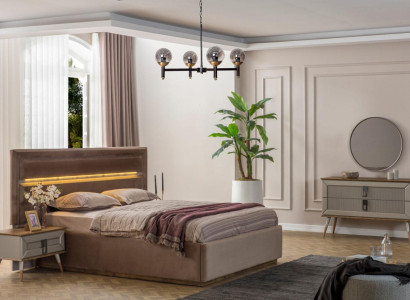 Beige Schlofzëmmer Luxus Miwwelen Designer Duebelbett 2x Nuetsdëscher 5 Deeler.