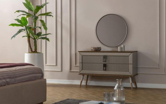 Beige Schlofzëmmer Luxus Miwwelen Designer Duebelbett 2x Nuetsdëscher 5 Deeler.