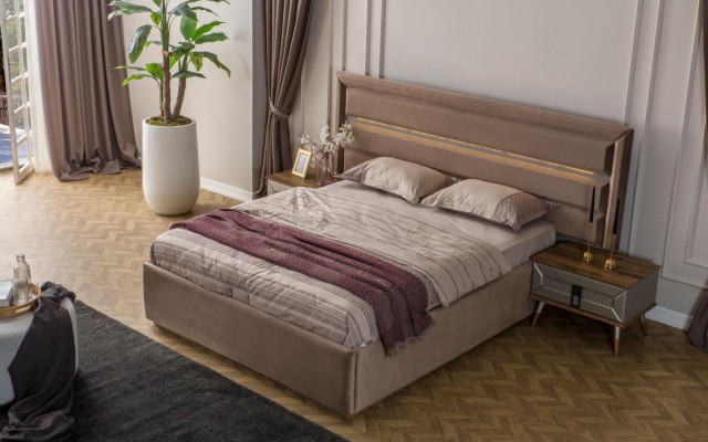 Beige Schlofzëmmer Luxus Miwwelen Designer Duebelbett 2x Nuetsdëscher 5 Deeler.