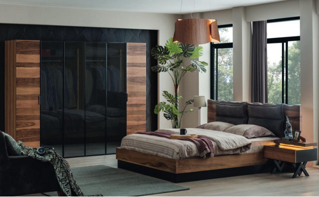 Schlofzëmmer Holz Garnitur Robuste Bett 2x Nuetsdësch 3tlg. Luxus Set
