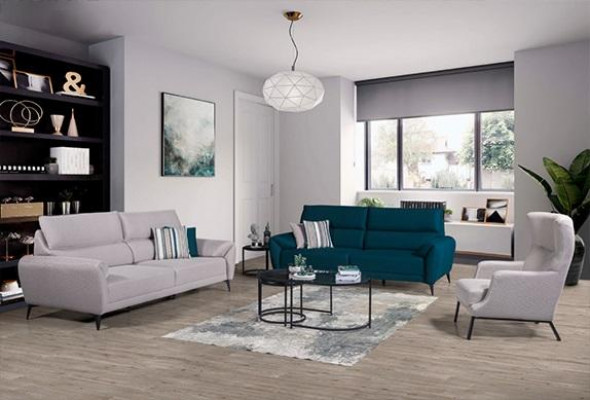 Stylvollt Wunnzëmmer Set aus 2x 3-Sëtzer Canapéen an engem Fauteuil, 3 Deeler Garnitur.