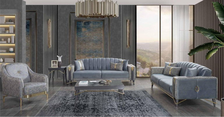 Luxuriéis gro Chesterfield Polster Sofaset Wunnzëmmer 3-Sëtzer Textil Fauteuil