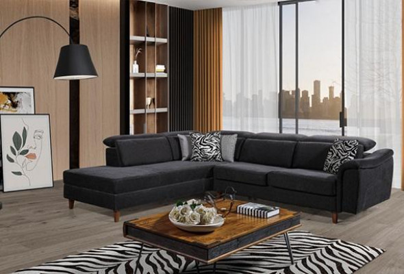 Schwaarzt Polster Ecksofa L-Form Couch Wunnzëmmer Wunnlandschaft Nei