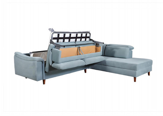 Blo a L-Form Eckcouch fir d’Stot mat Polstermaterialien an engem Designer Holzgestell.