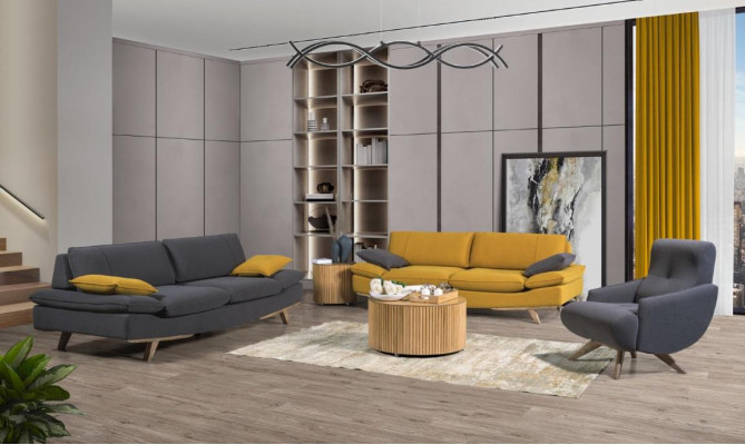 Grau-giel Wunnzëmmer Sëtzmöbel Luxus 2x 3-Sëtzer Couchen Einsëtzer 3tlg