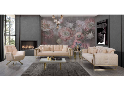 Modern beige Wunnzëmmer Sofagarnitur x2 3-Sëtzer Polstersessel 3 Deeler
