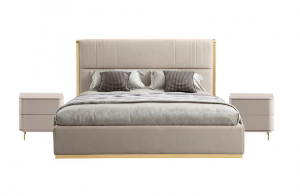 Schlofzëmmer Set Bett Grau Metall Stoff Design Luxus 2x Nuetsdëscher 3-Teileg. Nei-