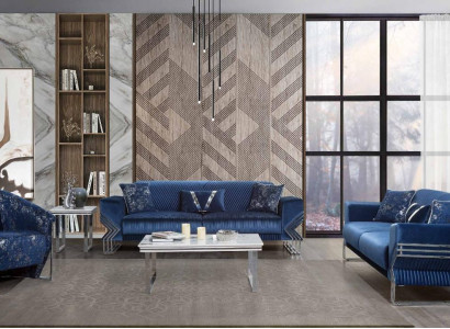 Wunnzëmmer Blo Sofa-Set Designer Dräisëtzer Fauteuil Kaffisdësch
