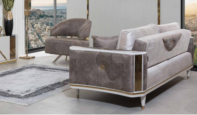 Modern Wunnzëmmer Garnitur Designer Beige Dräisëtzer Fauteuil Dësch.
