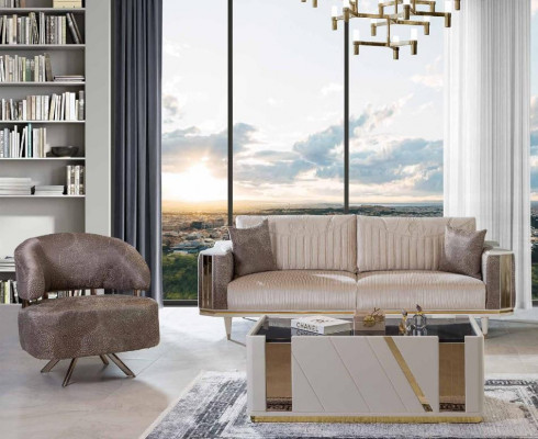 Modern Wunnzëmmer Garnitur Designer Beige Dräisëtzer Fauteuil Dësch.