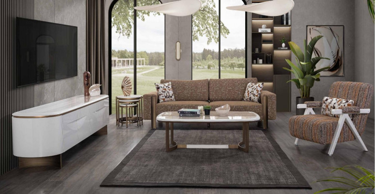 Stilvoll Braun Wunnzëmmer Sofagarnitur Designer 3-Sëtzer 1-Sëtzer 3tlg