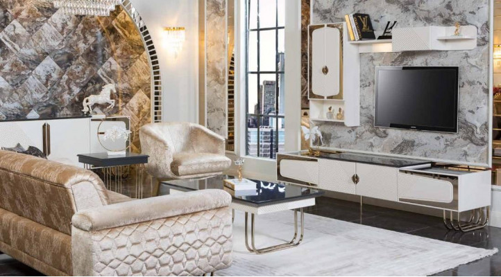 Exklusiven Edelstahl TV-Schräin Designer Mauerregal Luxus Wunnzëmmer Set