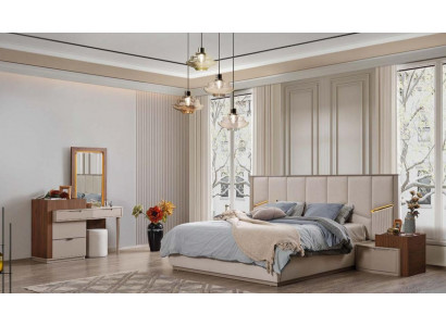 Beige Schlofkummer Garnitur Luxuriéis Polsterbetter Nuetsdëscher Schaf