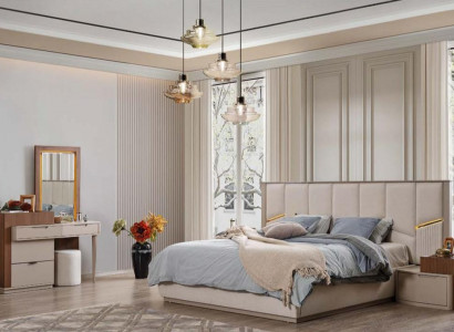 Beige Schlofkummer Garnitur Luxuriéis Polsterbetter Nuetsdëscher Schaf