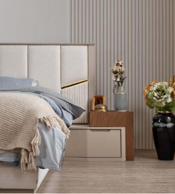 Beige Schlofkummer Garnitur Luxuriéis Polsterbetter Nuetsdëscher Schaf