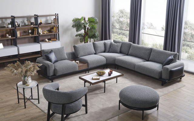 Grau Wunnzëmmer Garnitur Luxus Eckcanapé L-Form Couch Couchtisch Hocker