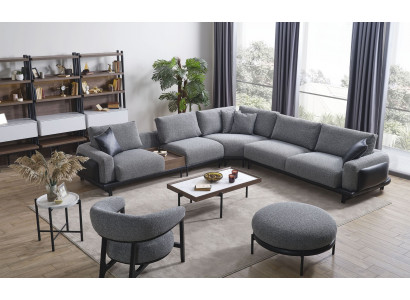 Grau Wunnzëmmer Garnitur Luxus Eckcanapé L-Form Couch Couchtisch Hocker