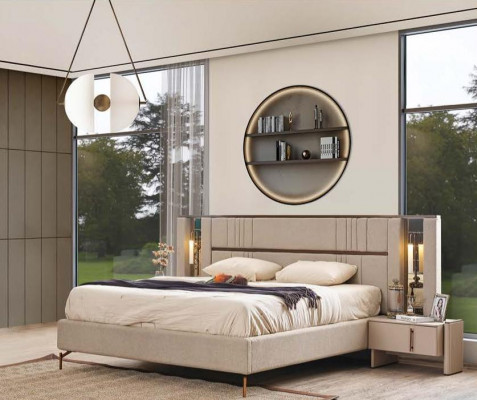 Luxuriéist Schlofzëmmer Beige Duebelbett 2x Nueschtbänk Modern Miwwelen