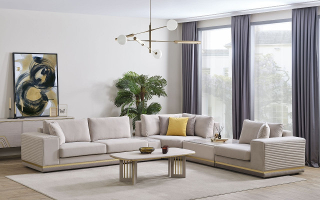 Wunnzëmmer Hellbeige Ecksofa L-Form Couch Modern Textilsofa Miwwelen