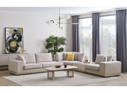 Wunnzëmmer Hellbeige Ecksofa L-Form Couch Modern Textilsofa Miwwelen