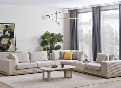 Wunnzëmmer Hellbeige Ecksofa L-Form Couch Modern Textilsofa Miwwelen