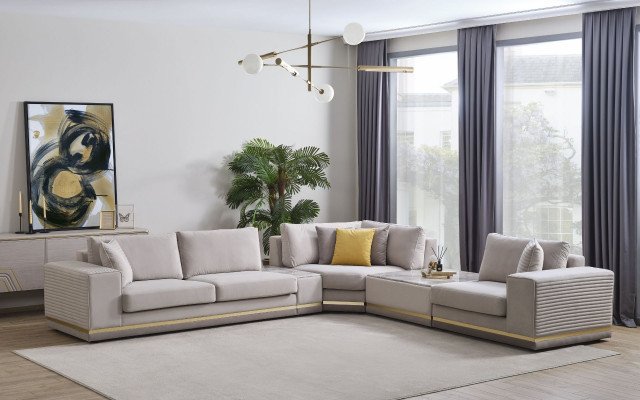 Wunnzëmmer Hellbeige Ecksofa L-Form Couch Modern Textilsofa Miwwelen