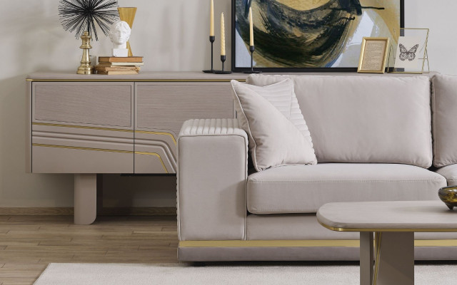 Wunnzëmmer Hellbeige Ecksofa L-Form Couch Modern Textilsofa Miwwelen