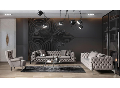 Hellgréng Wunnzëmmer Chesterfield Sofagarnitur 4+3 Sesselen Luxus Sessel