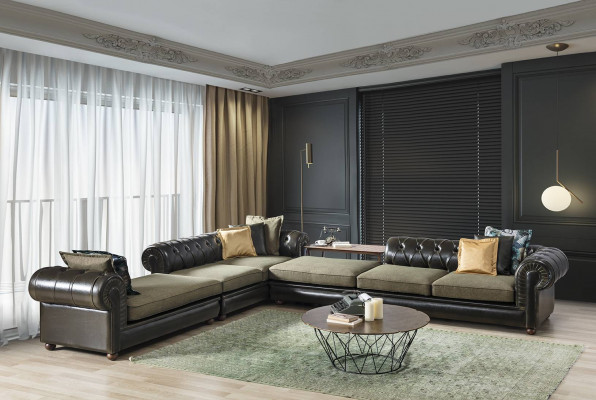 Gréng-schwaarzt Wunnzëmmer Chesterfield L-Form Sofa Polster Couchen Nei