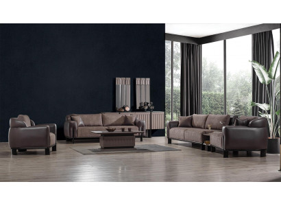 Braune Wunnzëmmer Lieder Garnitur 3-Sëtzer Sofa Fotell Couchtisch 4-Deeler.