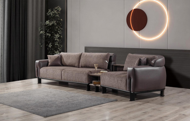 Braune Wunnzëmmer Lieder Garnitur 3-Sëtzer Sofa Fotell Couchtisch 4-Deeler.