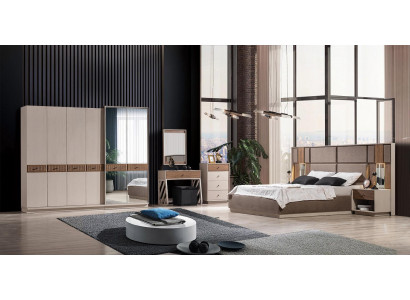 Beig Schlofzëmmer-Set Designer Duebelbett Make-up Dësch Kommode 7-Stéck