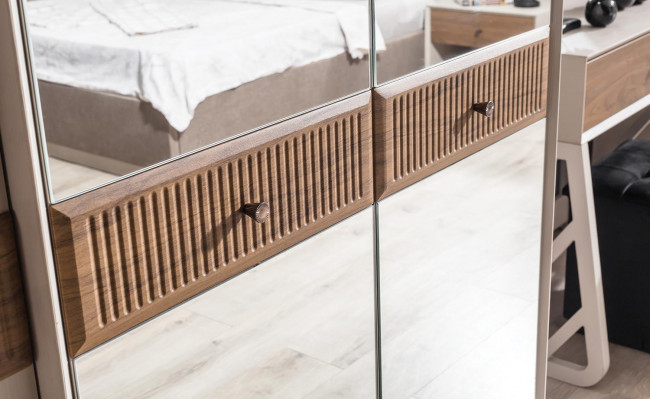 Beig Schlofzëmmer-Set Designer Duebelbett Make-up Dësch Kommode 7-Stéck
