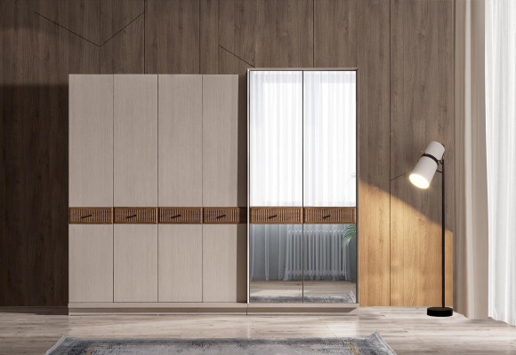 Beig Schlofzëmmer-Set Designer Duebelbett Make-up Dësch Kommode 7-Stéck