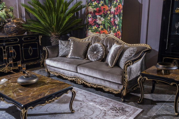 Klassesche Luxus Sofa 3 Sëtzer Sofas Sëtz Stoff Design Canapé Stil Textil