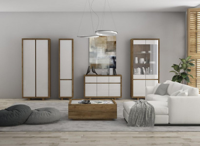 Wunnzëmmer Set Vitrin Kommod Wohnmaueren Kommoden Schaf Dësch Miwwelen Holz 4tlg