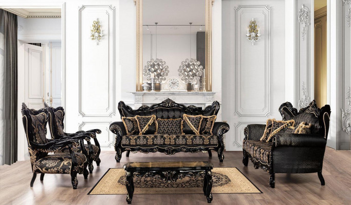 Schwaarz Barock Miwwelen Sofasëtztgrupp Sofa Couch Polster Miwwelen Dësch 5 Deeler
