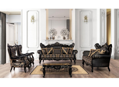 Schwaarz Barock Miwwelen Sofasëtztgrupp Sofa Couch Polster Miwwelen Dësch 5 Deeler
