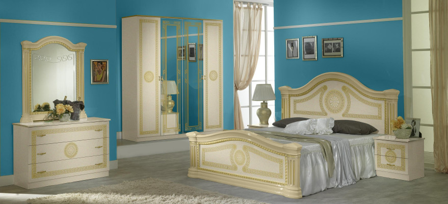 Luxus-Schlofkummer Klassesch Holz-Bett Nuetsdësch 6tlg Design Miwwelen