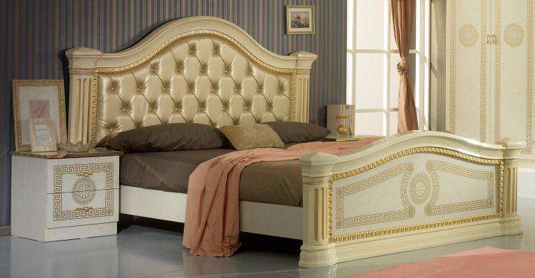 Design Schlofzëmmer 3-Teilege Set: Bett, 2x Nuetsdësch, Klassesch Luxus Bett Set Miwwelen