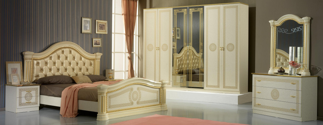Design Schlofzëmmer 3-Teilege Set: Bett, 2x Nuetsdësch, Klassesch Luxus Bett Set Miwwelen