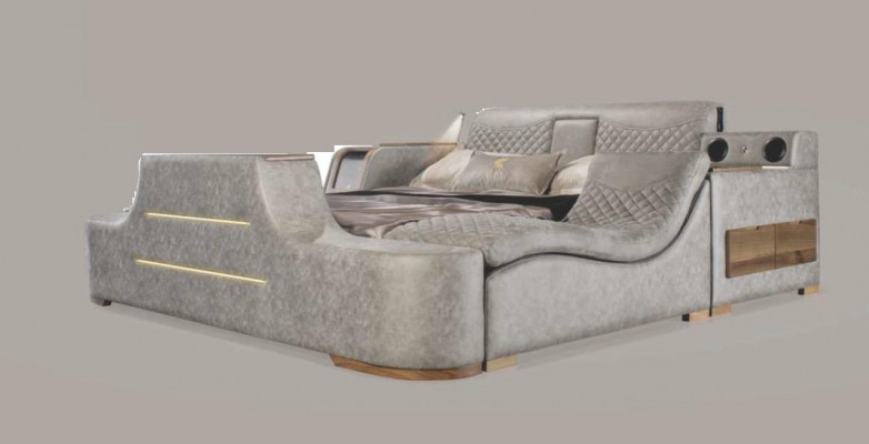 Multifunktiounsbett Regal Schaf USB Opluedstatioun Lift TV 180x200