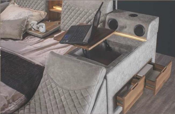 Multifunktiounsbett Regal Schaf USB Opluedstatioun Lift TV 180x200