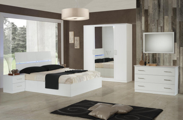 Duebelbett Bett 2x Nuetskabinett hëlze Design Better Modern Stil 3tlg. LED Luucht